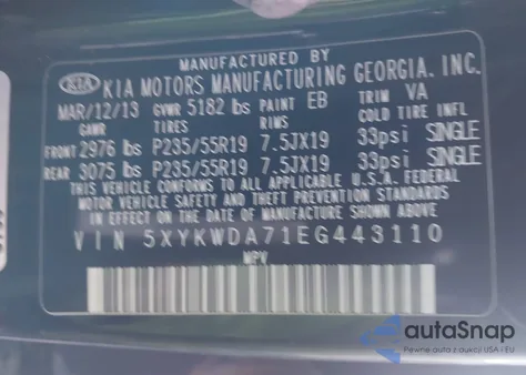 2014 Kia Sorento Limited V6 z USA, uszkodzony, nr VIN 5XYKWDA71EG443110